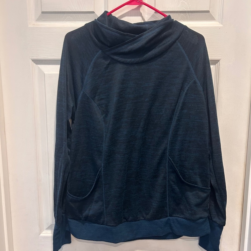 RBX Womens‎ L Black Blue Heathered Cowl Neck Long Sleeve Pullover Top Pockets